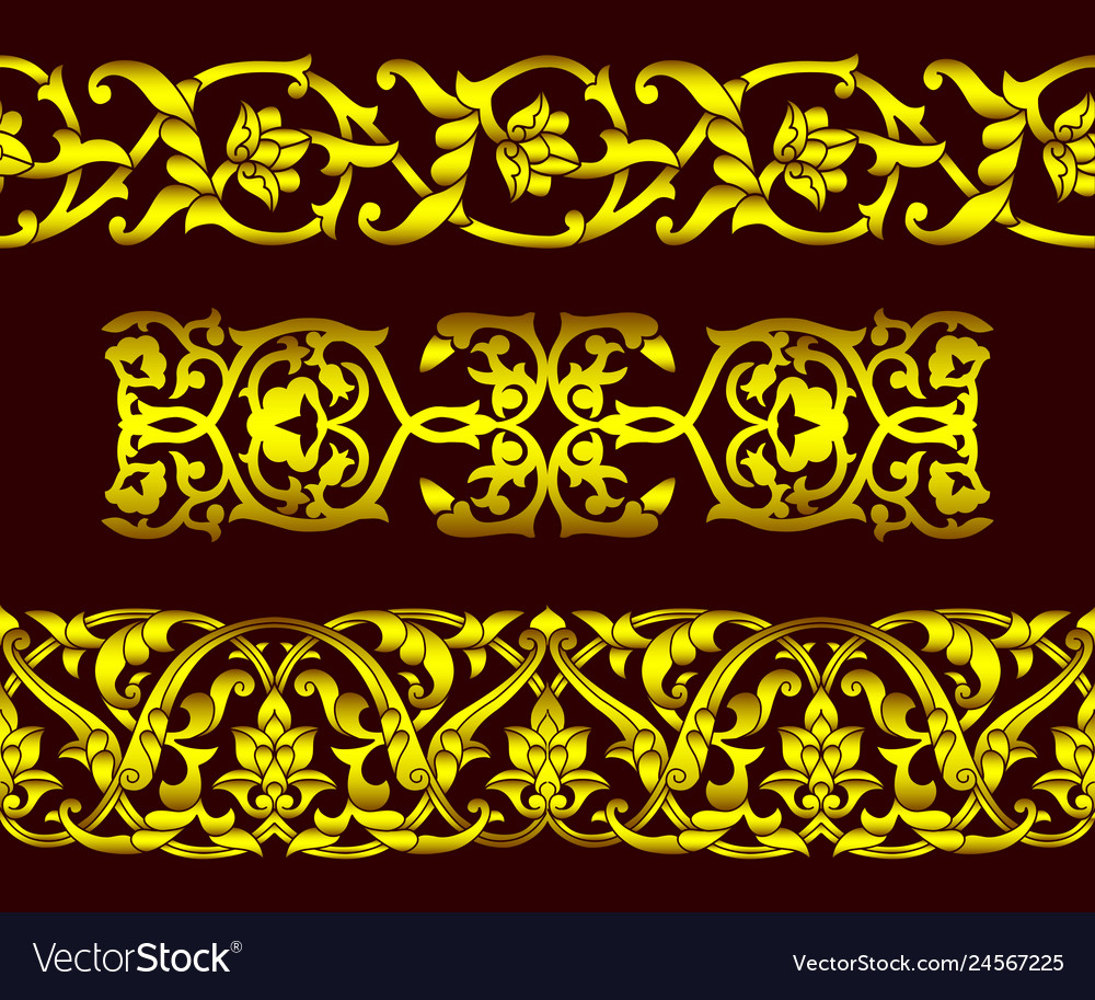 Set of seamless golden patterns and floral element