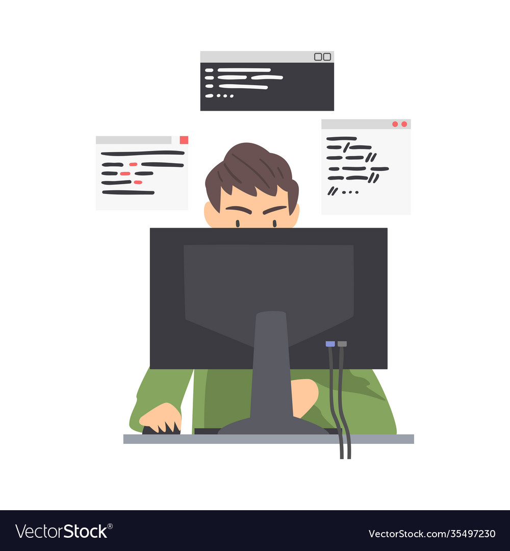 Man web developer or programmer working in front vector image Man web developer or programmer working in front