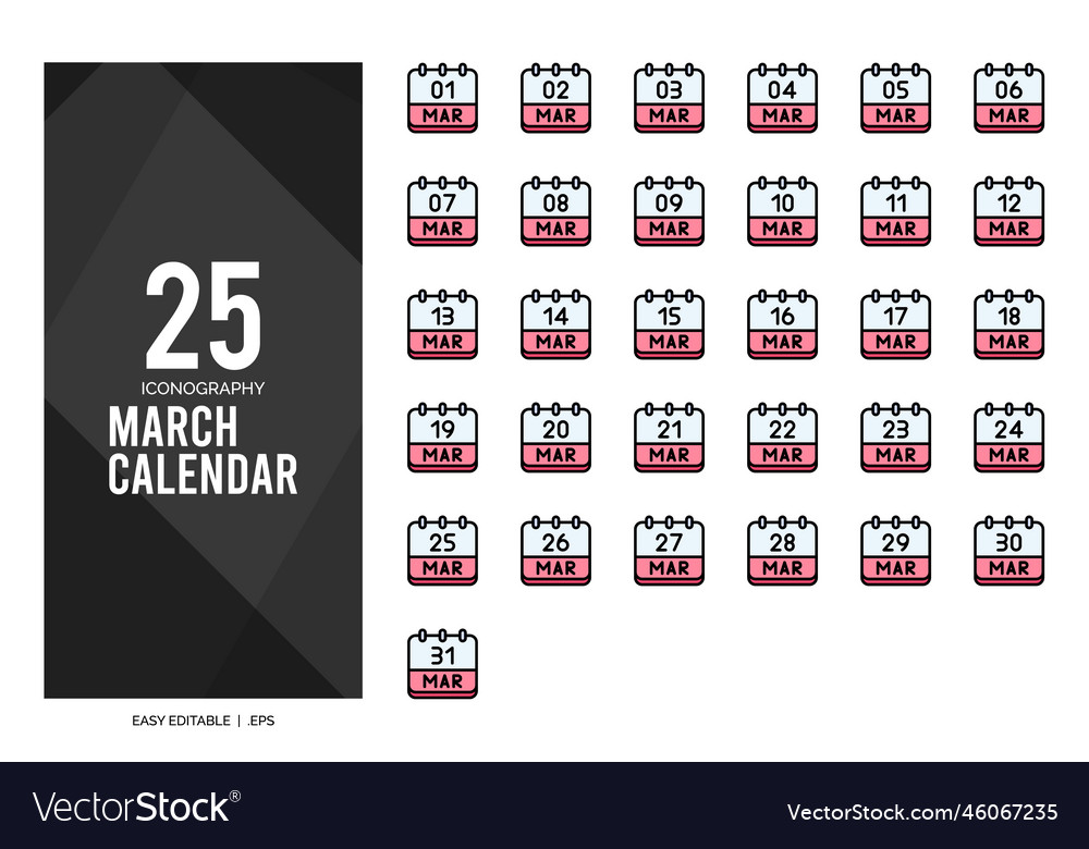 25 march calendar lineal color icon pack