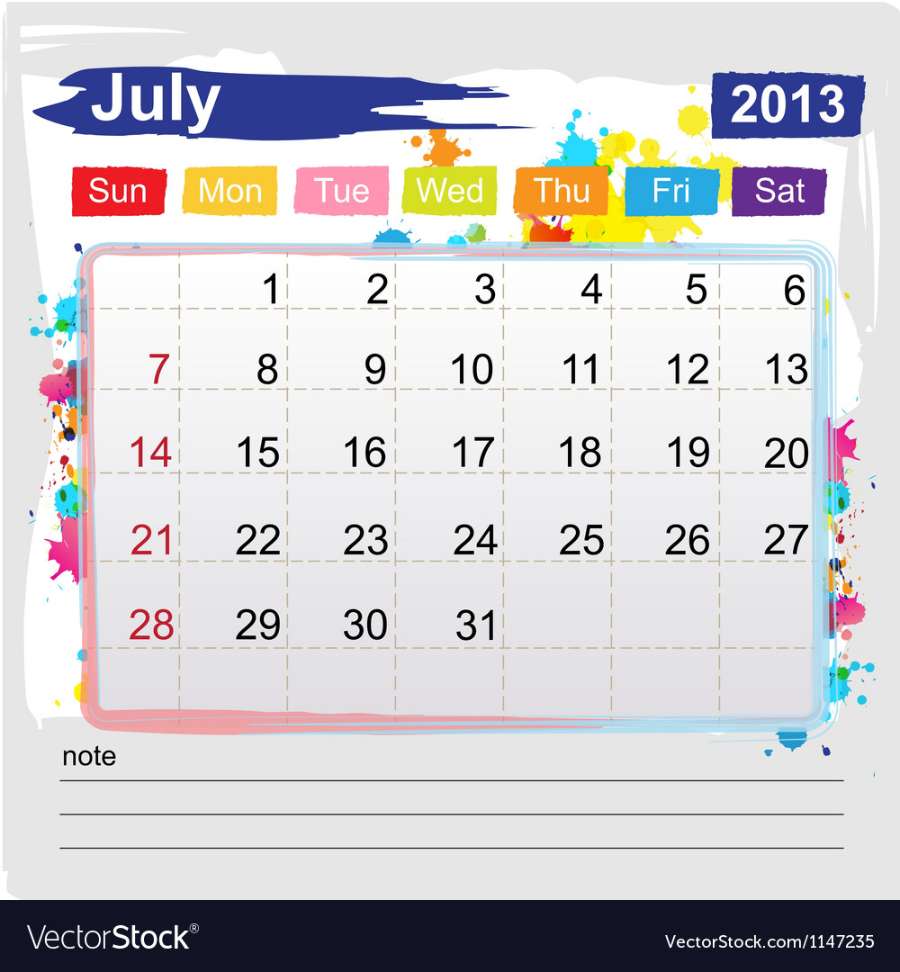 Calendar july 2013 Royalty Free Vector Image VectorStock