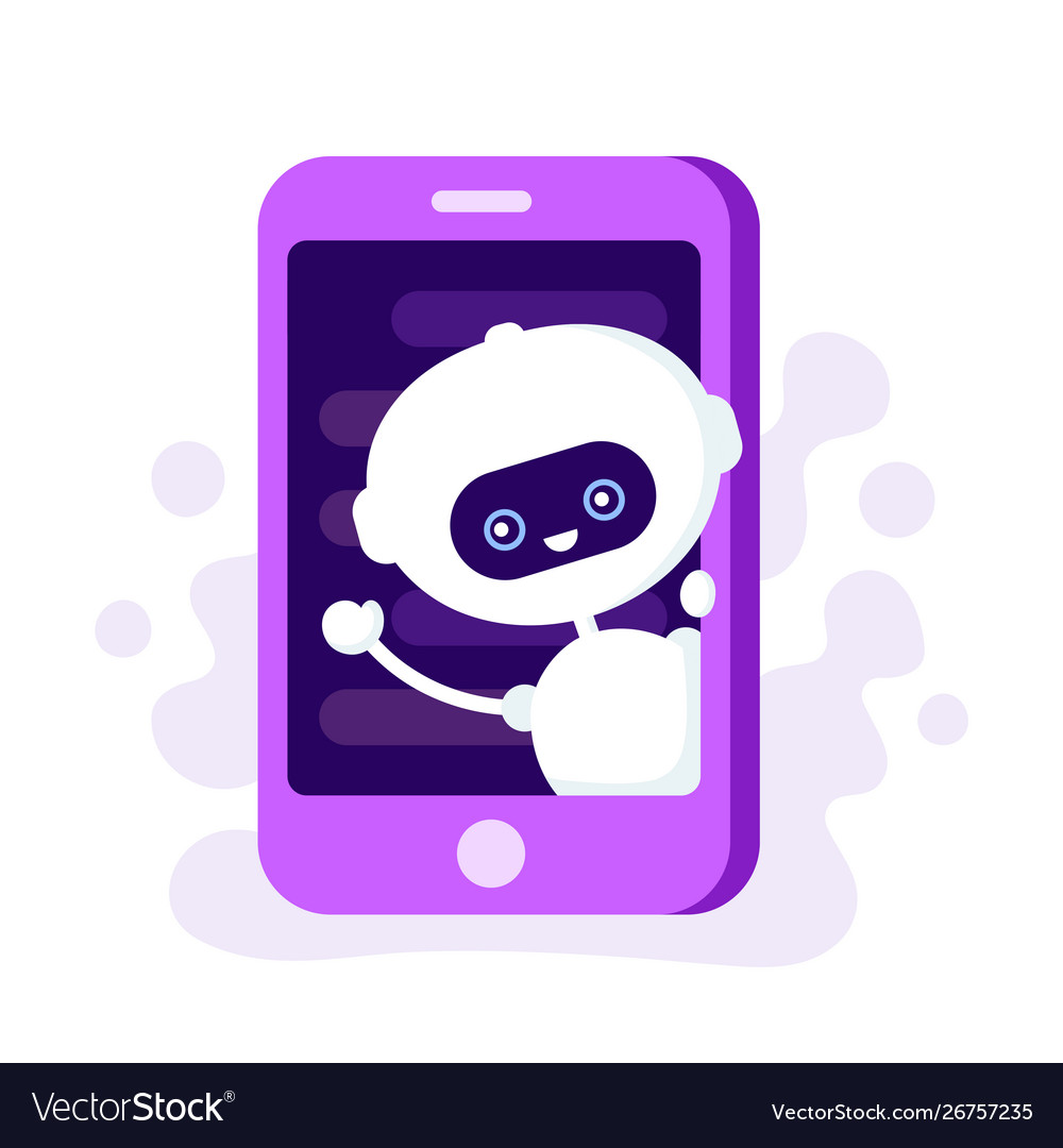 Cute smiling robot chat bot in smartphone