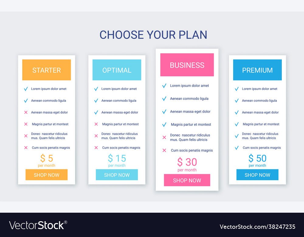 Price table comparison layout with 4 columns vector image Price table comparison layout with 4 columns