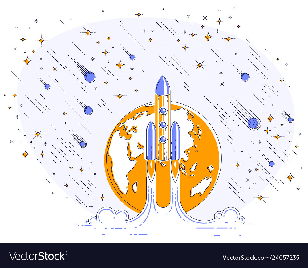 Rocket launch into undiscovered space with planet vector image Rocket launch into undiscovered space with planet