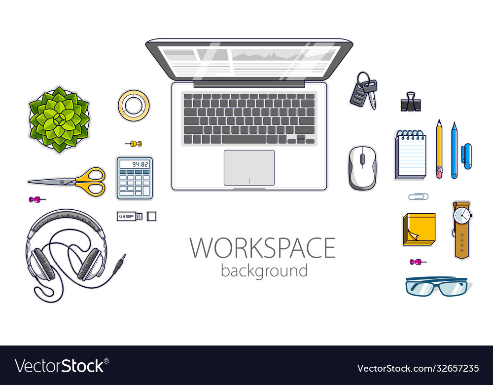 Work desk workspace top view with laptop computer vector image Work desk workspace top view with laptop computer
