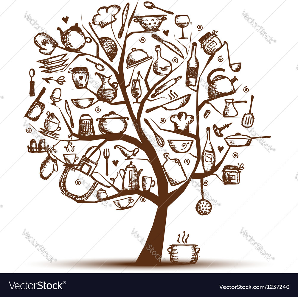 Art tree with kitchen utensils sketch drawing