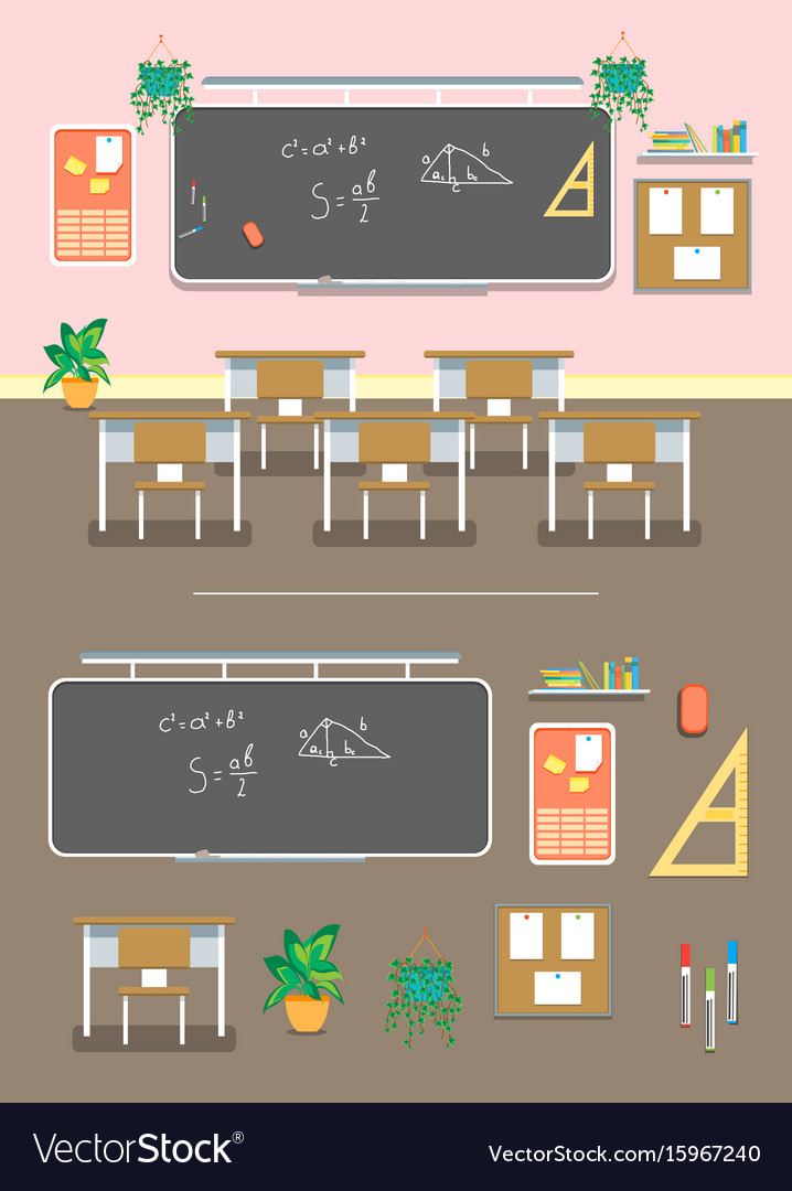 Cartoon classroom design interior and element set