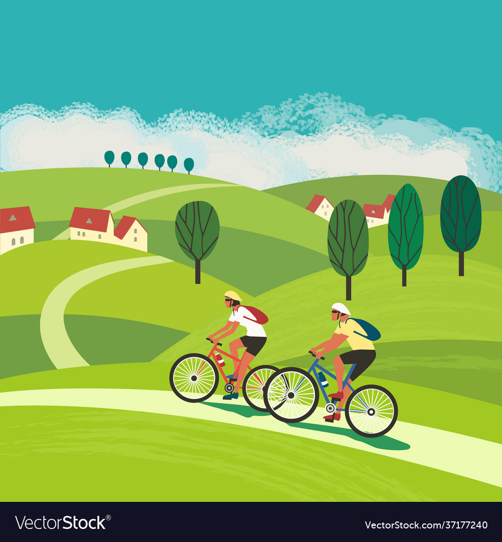 Couple ride bicycles on rural countryside Vector Image