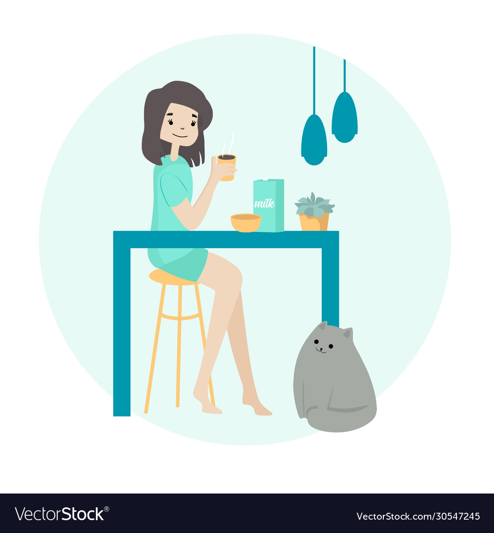 Girl sitting at table having breakfast or lunch Vector Image