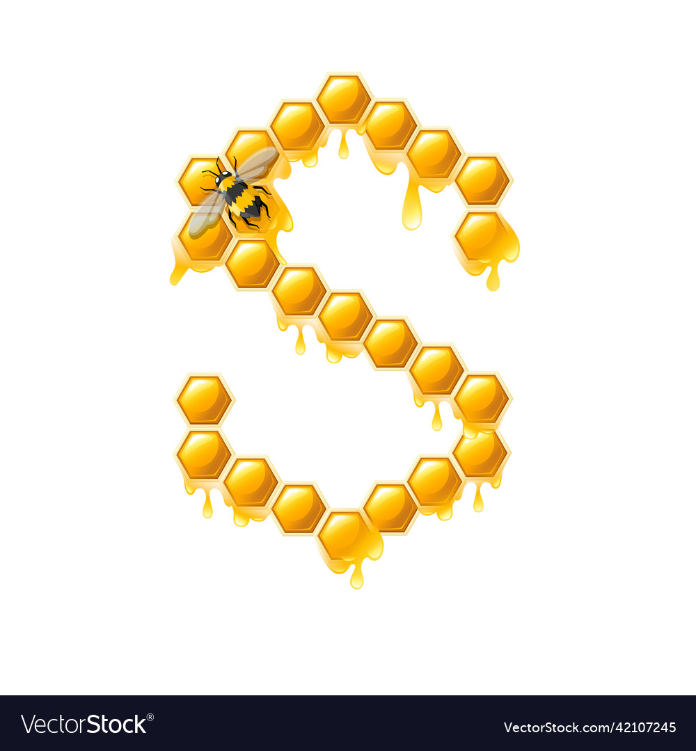 Honeycomb letter s with honey drops and bee flat