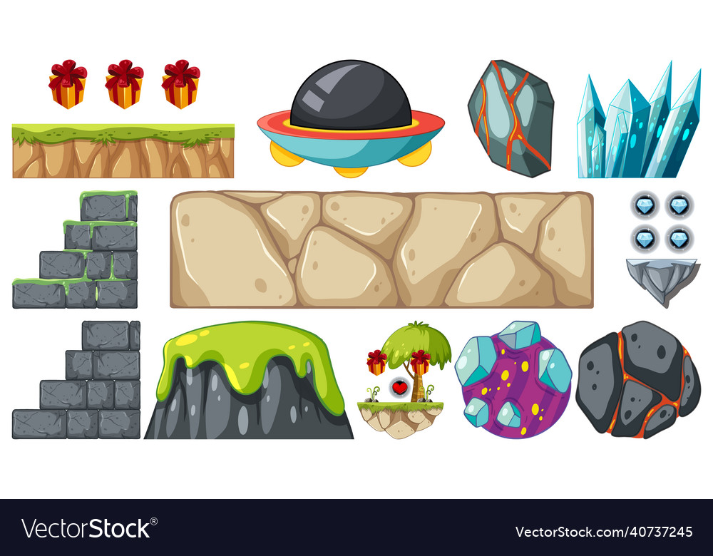 Set of isolated fantasy space game objects vector image Set of isolated fantasy space game objects