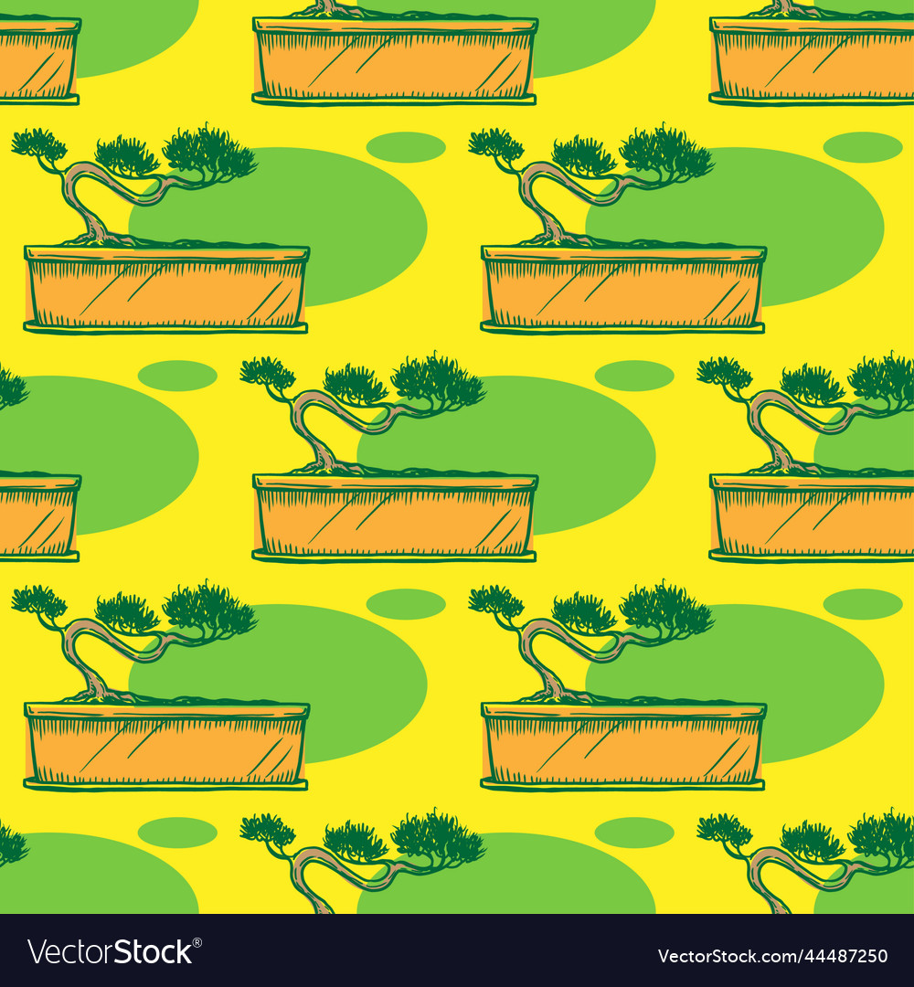 Bonsai seamless pattern on yellow background Vector Image Bonsai seamless pattern on yellow background