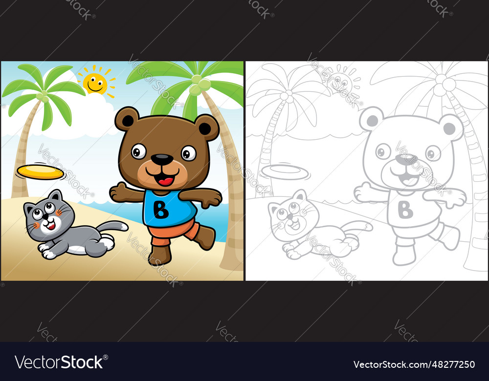 Cartoon of bear with cat flying disc game