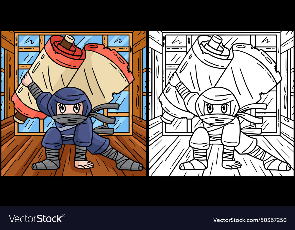 Ninja with jutsu scroll coloring page Vector Image Ninja with jutsu scroll coloring page