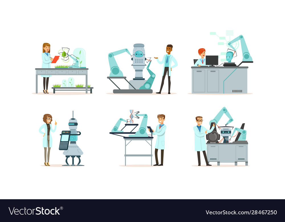 Scientists working in laboratory with robots vector image Scientists working in laboratory with robots