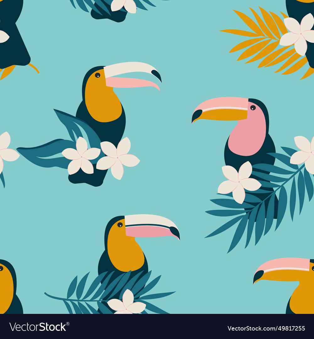 Birds toucans and modern flowers plumeria leaves