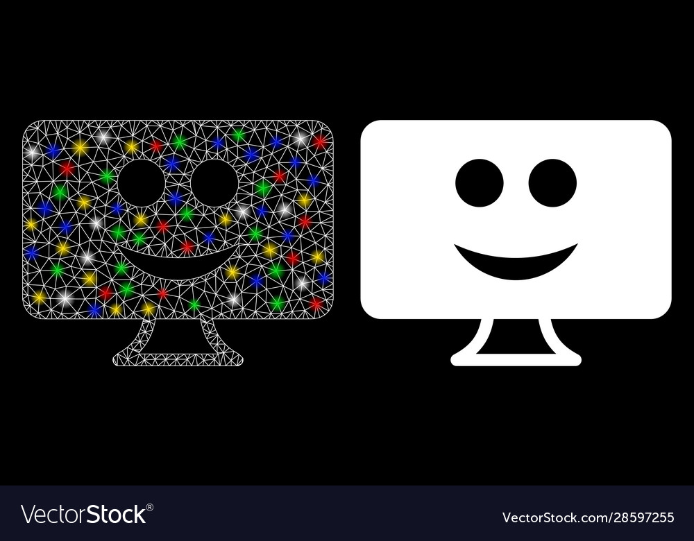 Bright mesh network display smile icon with flash vector image Bright mesh network display smile icon with flash