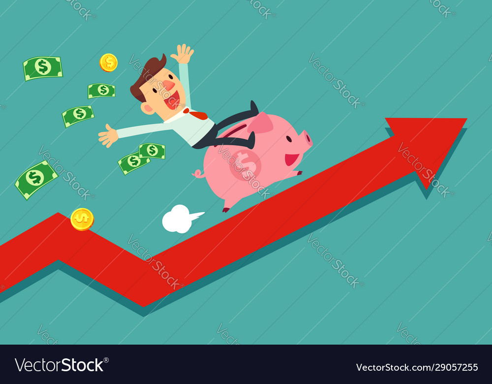 Businessman riding piggy bank on arrow graph