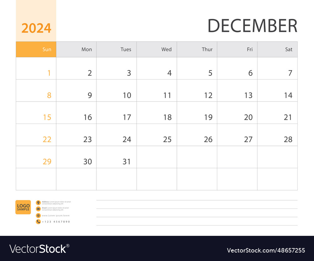 Monthly calendar template for 2024 year december Vector Image