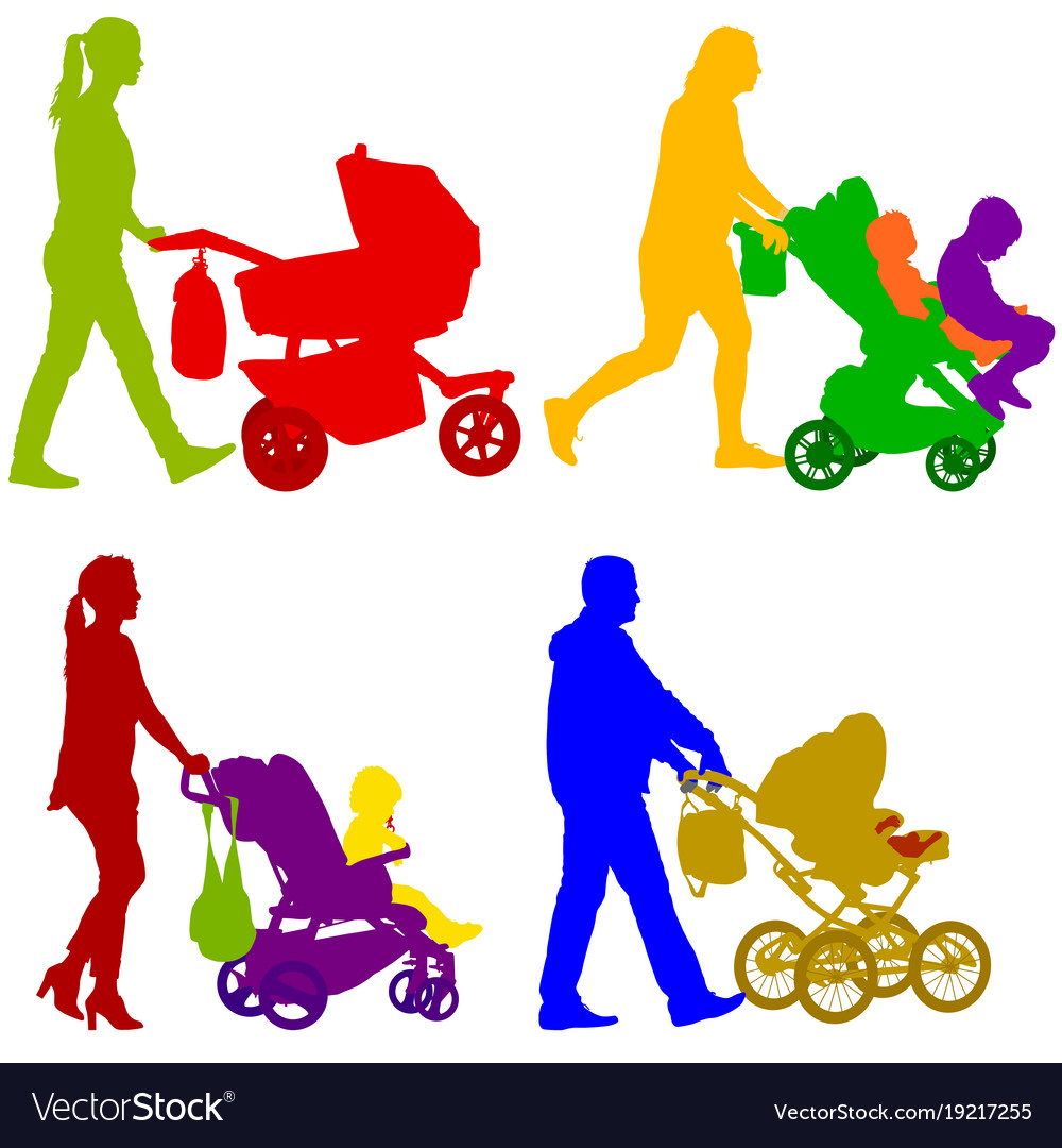 Set black silhouettes family with pram on white