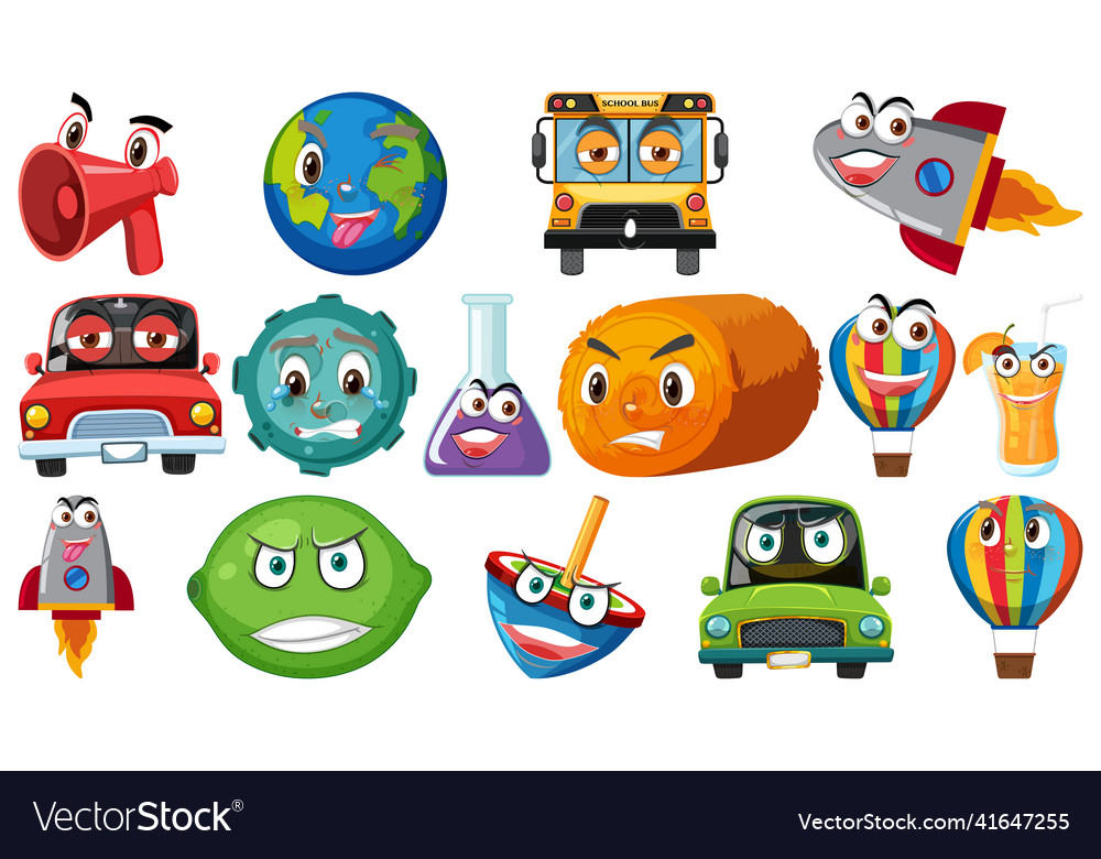Set of different toy objects with smiley faces