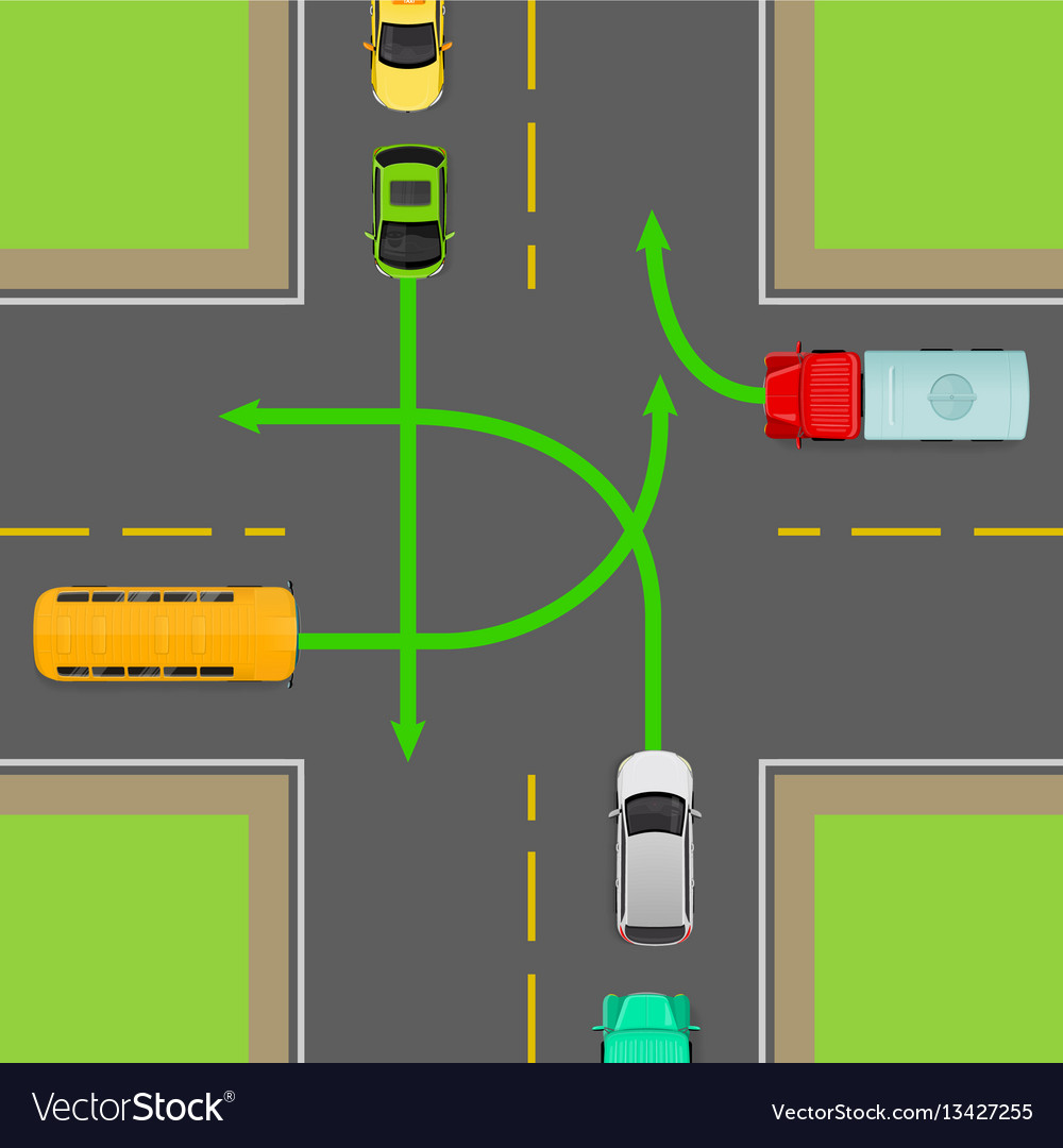 Turn rules on fourway intersection diagram Vector Image