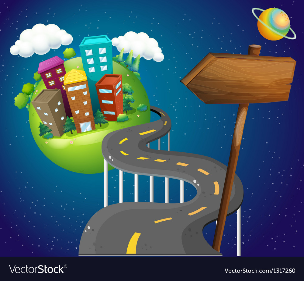 A road going to city with a wooden arrow Vector Image