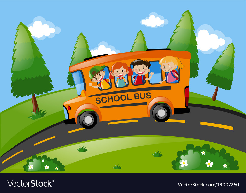 Children riding on school bus in the park Vector Image