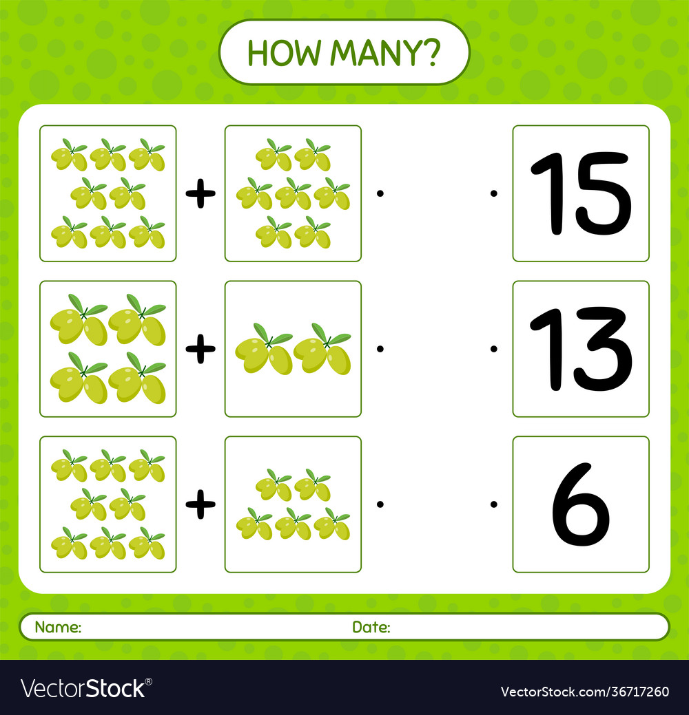 How many counting game with olive worksheet vector image How many counting game with olive worksheet