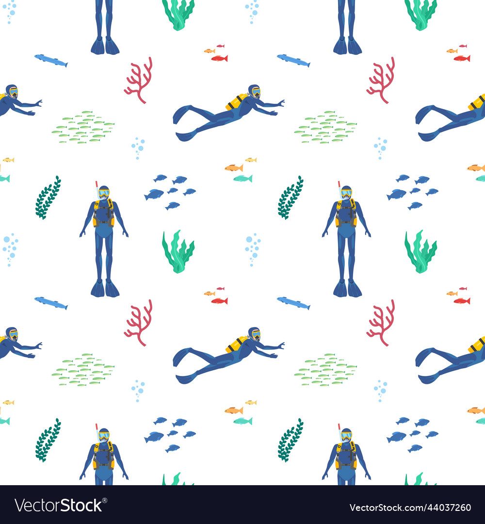 Seamless pattern with scuba divers in different