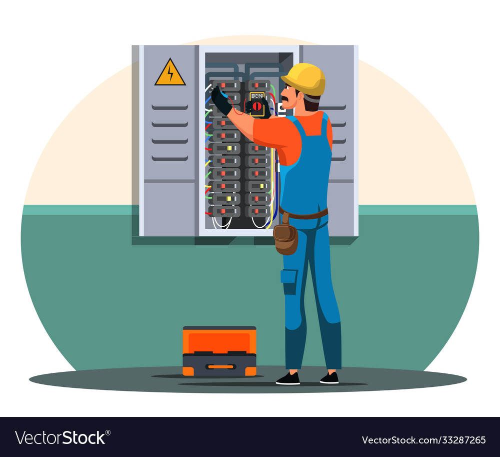 Electrician checking up wire in electrical panel