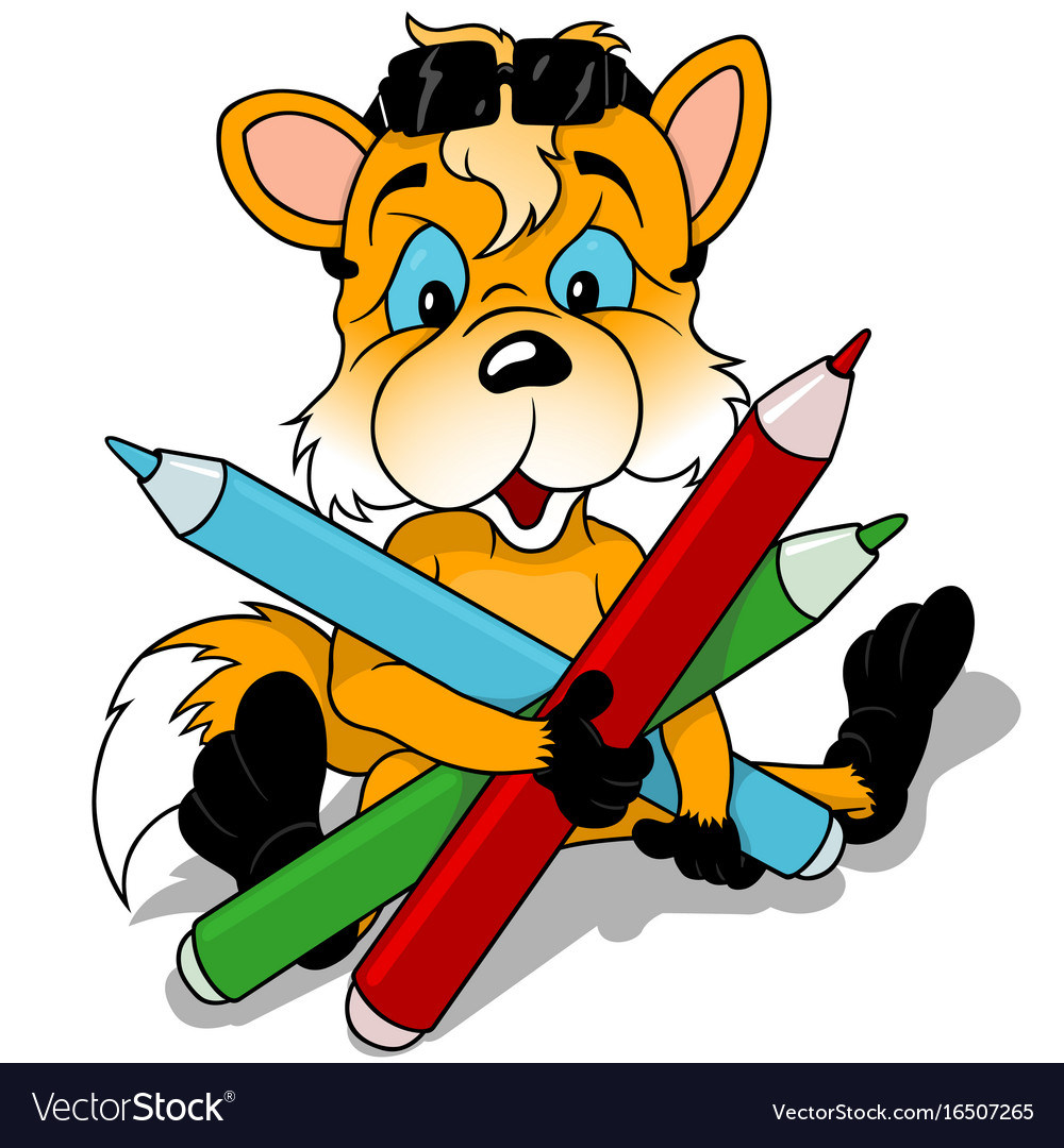Fox holding colored pencils Royalty Free Vector Image