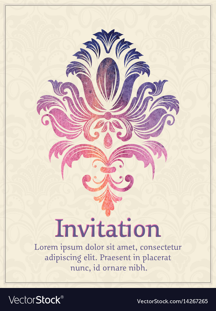 Invitation card with watercolor damask element