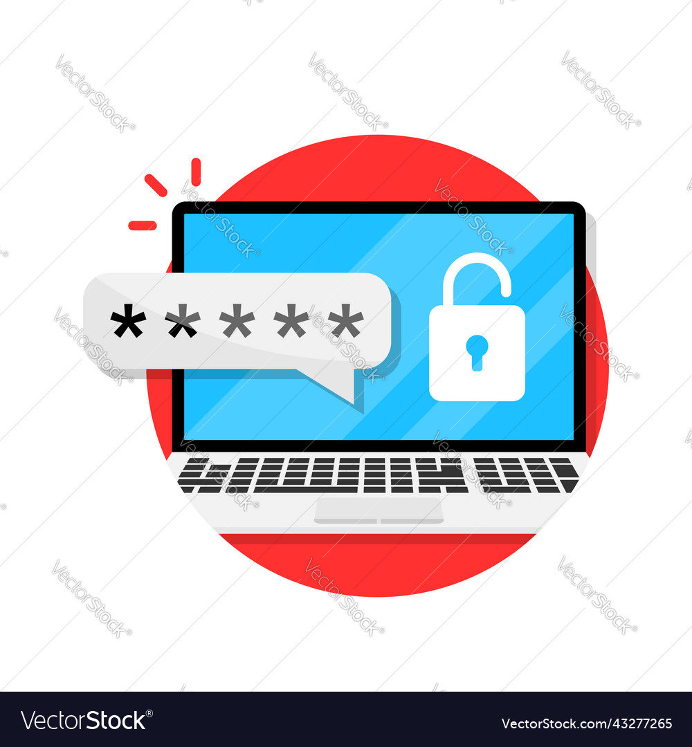 Laptop with password notification icon in flat