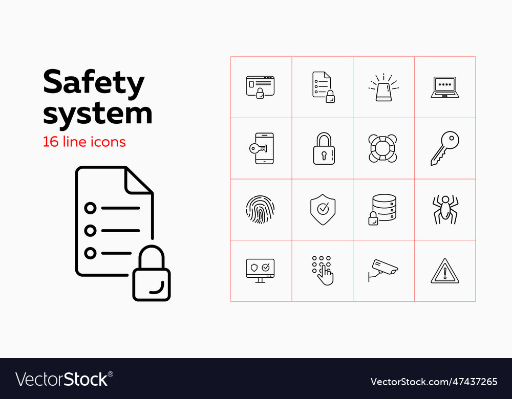 Safety system line icon set computer data