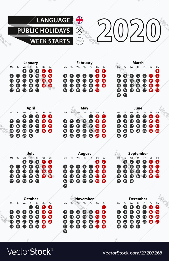 Template calendar 2020 with number in circles