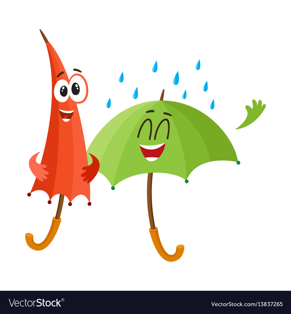 Two funny happy umbrella characters open Vector Image