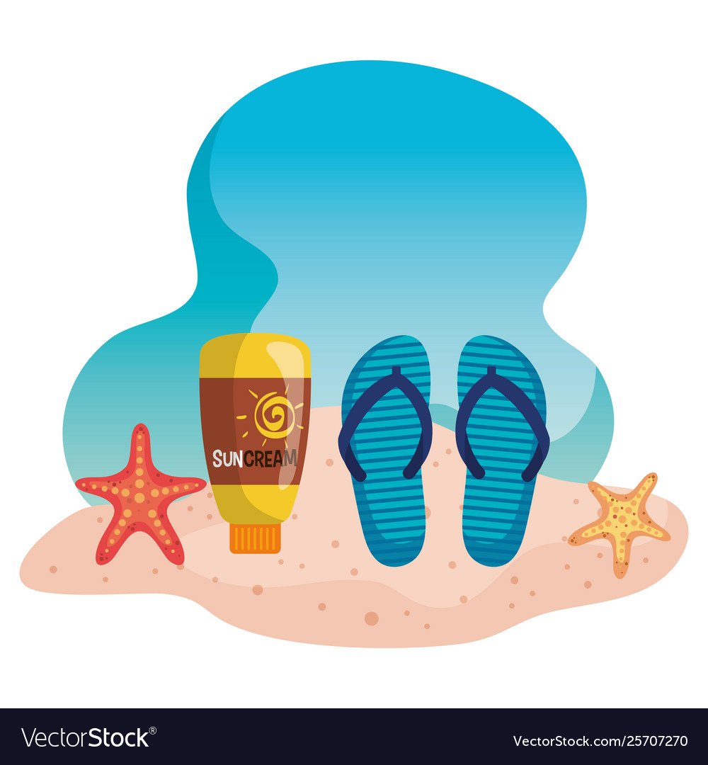 Flip-flop with suncream and starfishes