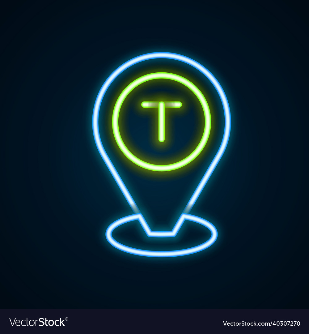 Glowing neon line map pointer with taxi car icon