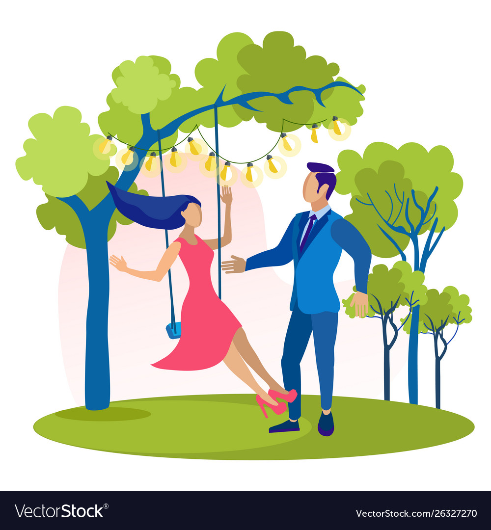 Happy young couple in love having fun on swing