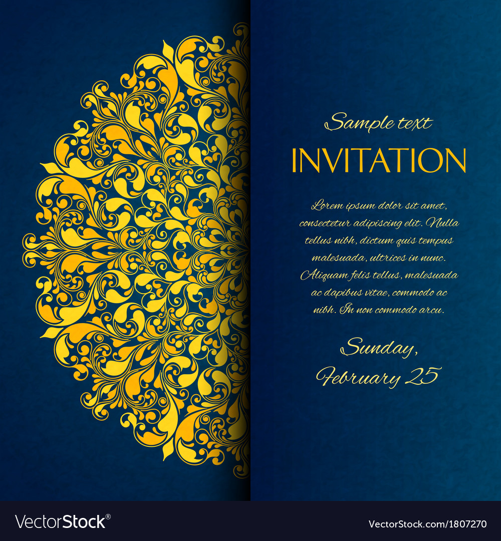 Ornamental blue with gold embroidery invitation Vector Image