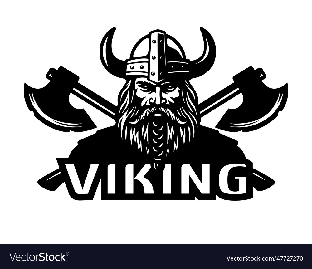 Viking warrior in a helmet with horns and two axes