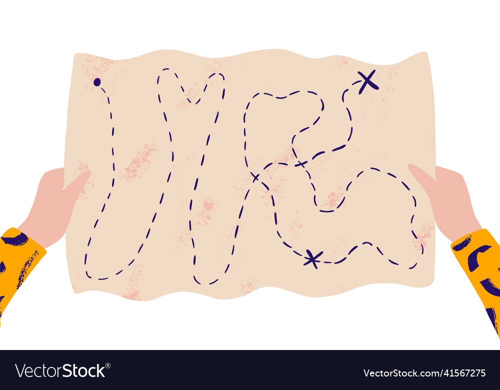 Hands holding a map with route destination point