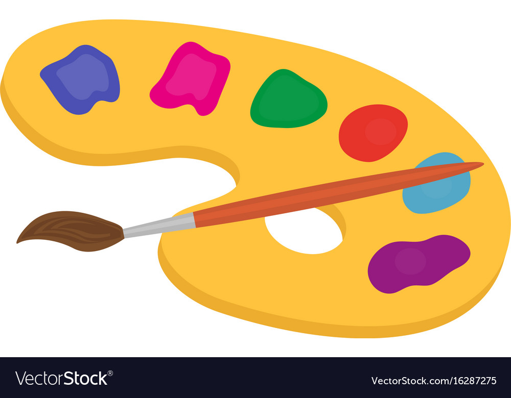 Palette of paints and brush for drawing icon flat