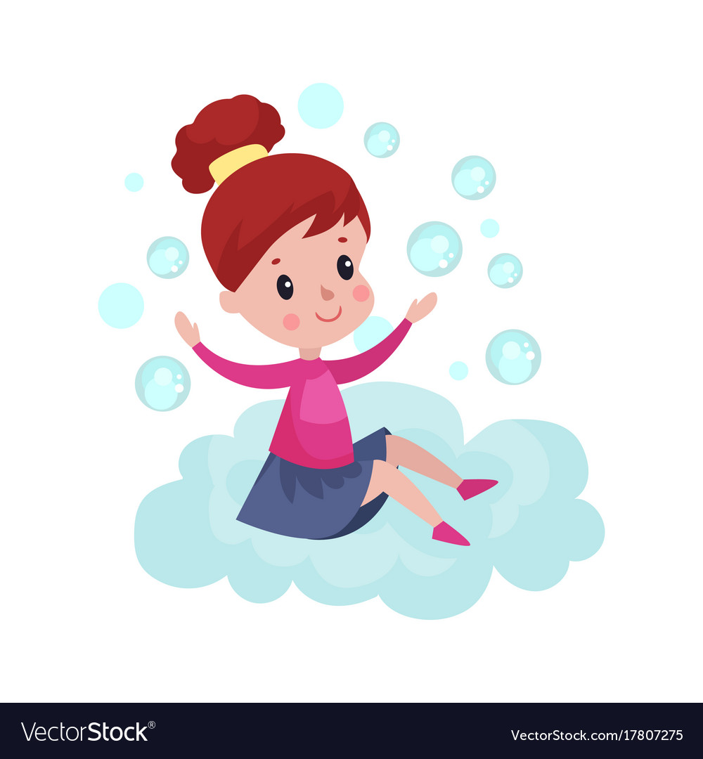 Sweet Little Girl Sitting On A Cloud And Playing Vector Image