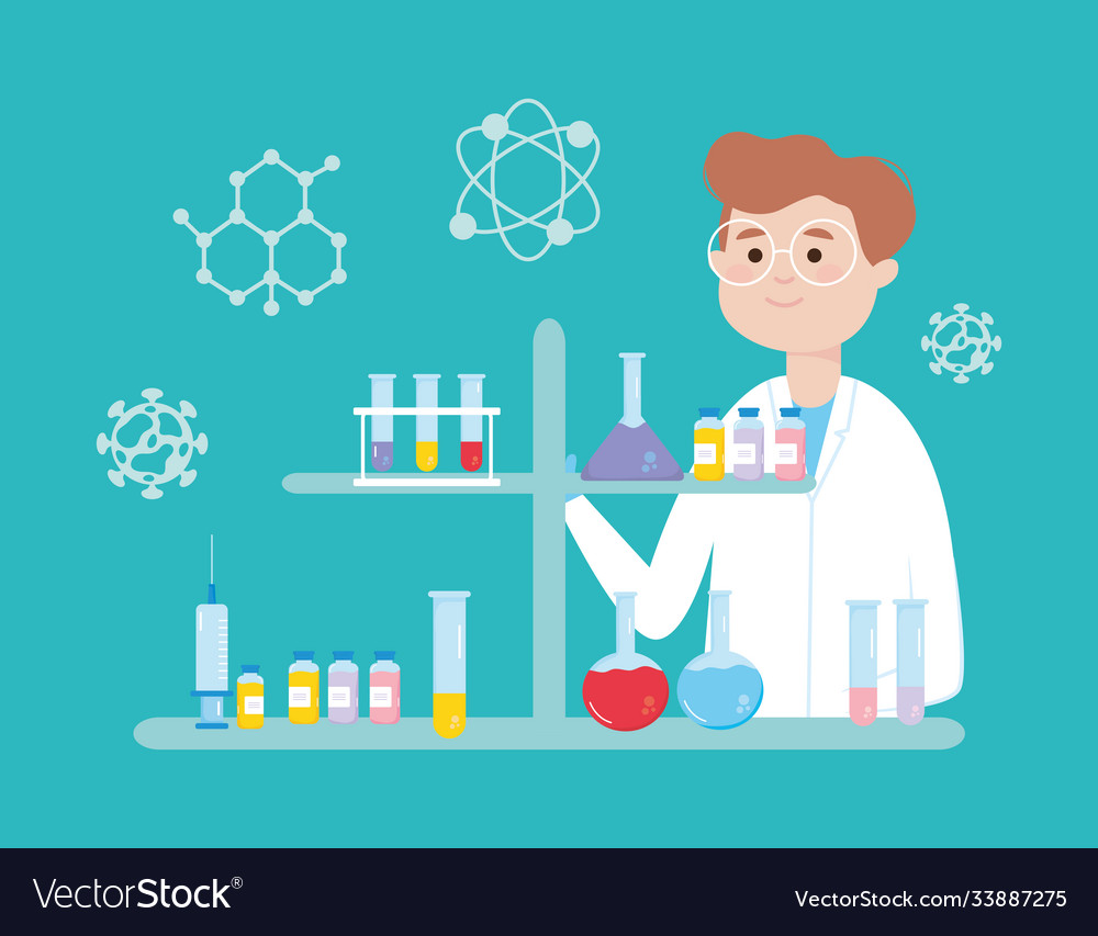 Vaccine research design with cartoon scientist Vector Image