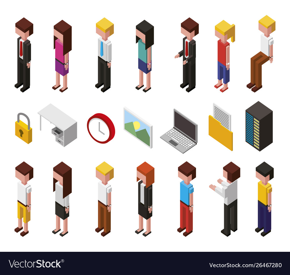 Bundle data center and users avatars isometric vector image Bundle data center and users avatars isometric