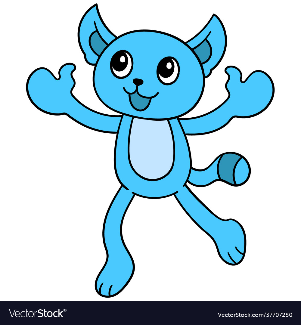 Happy blue cat jumps to want to be hugged doodle Vector Image