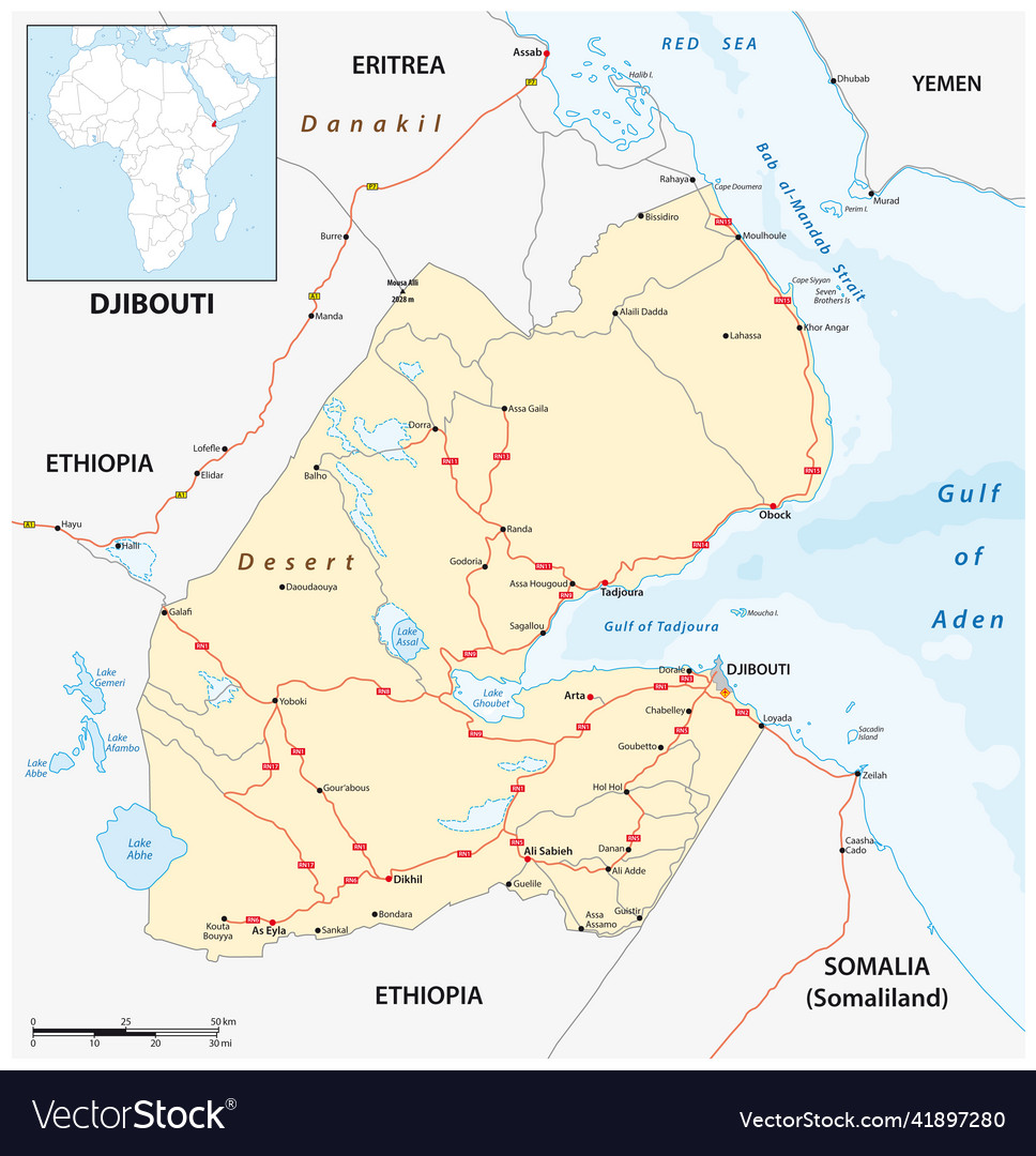 Map Of Djibouti Africa Djibouti Maps Road Map Of East African Republic Djibouti Vector 41897280