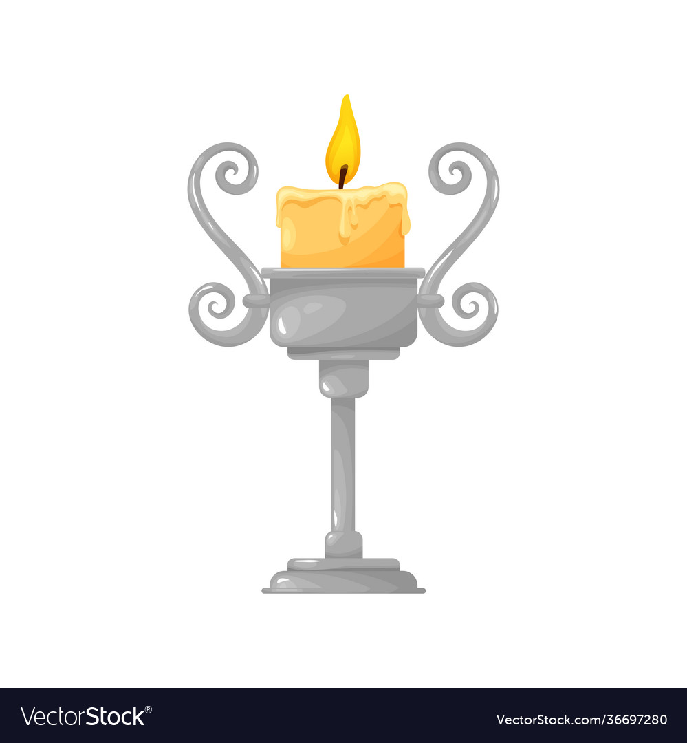Silver candlestick with swirls burning wax candle vector image Silver candlestick with swirls burning wax candle