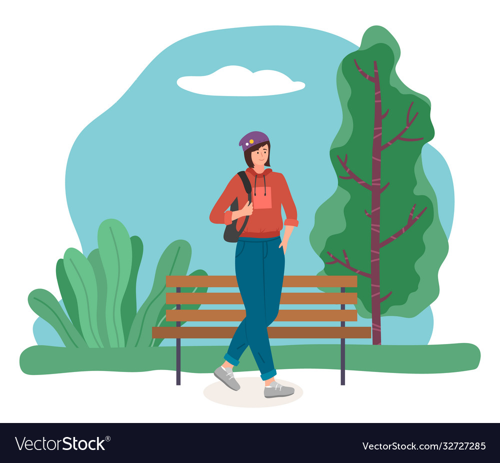 Girl in sportswear in a hat carries a backpack on Vector Image